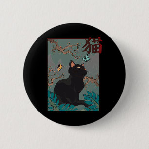 Bóton Redondo 5.08cm Chersom Blossom Cat Vintage Woodblock Japonês Grap