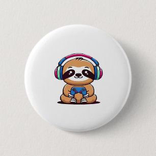 Bóton Redondo 5.08cm Chibi Kawaii Sloth Gamer - Cute Funny Animal com