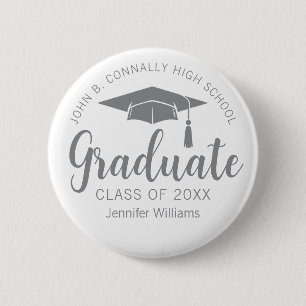 Bóton Redondo 5.08cm Chic Tag de Nome de Graduado em Cinza Prata Gradua