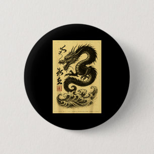 Bóton Redondo 5.08cm Chinês Antigo Dragão Preto Asiático Japonês Ukiyo-