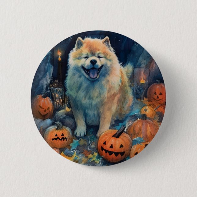 Bóton Redondo 5.08cm Chow Chow de Halloween com Abóboras Assustadoras  (Frente)