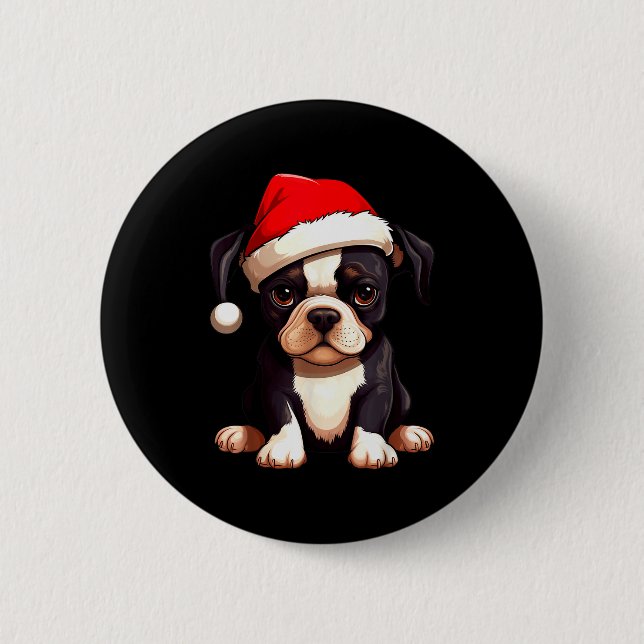 Bóton Redondo 5.08cm Christmas Boston Terrier Dog Santa Hat Funny Xmas  (Frente)