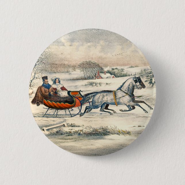 Bóton Redondo 5.08cm Clássico Passeio de Trenó de 1853 Currier Ives Est (Frente)