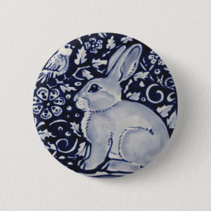 Bóton Redondo 5.08cm Coelho Azul e Branco com Design de Azulejo de Pás