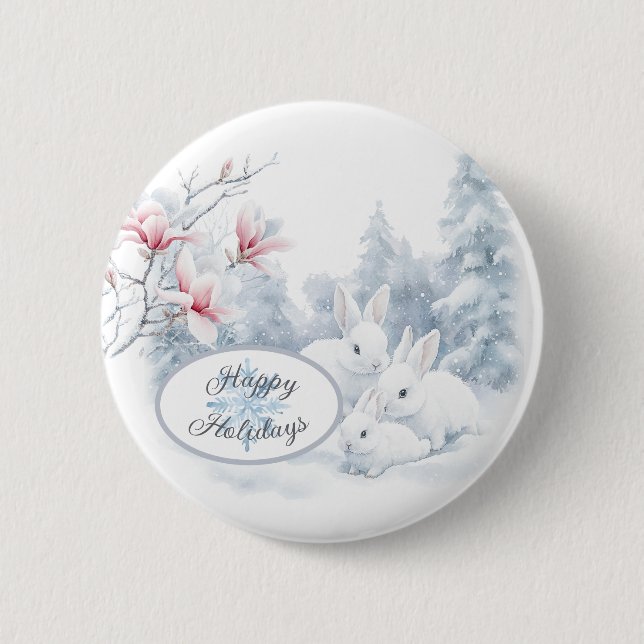 Bóton Redondo 5.08cm Coelhos brancos e bonitos no Feriado de Inverno da (Frente)