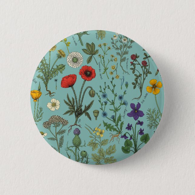 Bóton Redondo 5.08cm Colagem de flores silvestres em azul (Frente)
