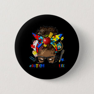 Bóton Redondo 5.08cm Consciência do Autismo Afro Coque Desgrenhado Mela