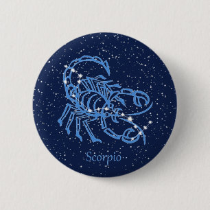 Bóton Redondo 5.08cm Constelação Scorpio e Sinal Zodiac com Estrelas