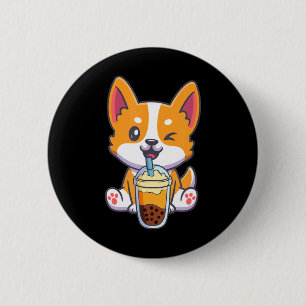 Bóton Redondo 5.08cm Corgi Bebendo Boba Bubble Tea Drink Anime Kaw