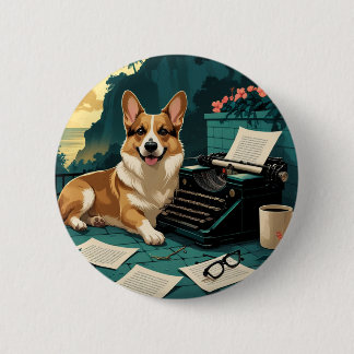 Bóton Redondo 5.08cm Corgi com pelo brilhante e uma máquina de escrever