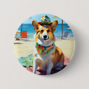 Bóton Redondo 5.08cm Corgi on Beach, presente de verão para amantes de