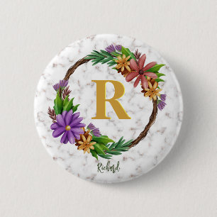 Bóton Redondo 5.08cm Coroa Floral Letra Inicial Monograma Nome Mármore