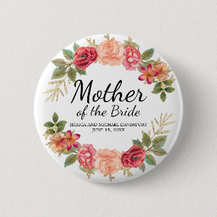 Bóton Redondo 5.08cm Coroa Floral Rosa Vermelha Mãe da Noiva Personaliz