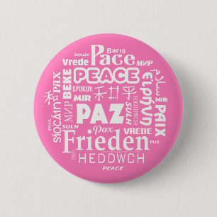 Bóton Redondo 5.08cm Crachá cor-de-rosa multilíngue da paz