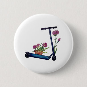 Bóton Redondo 5.08cm Crachá de Patinete e Flores de Aquarela