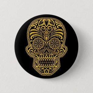Bóton Redondo 5.08cm Crânio amarelo e preto decorativo do açúcar