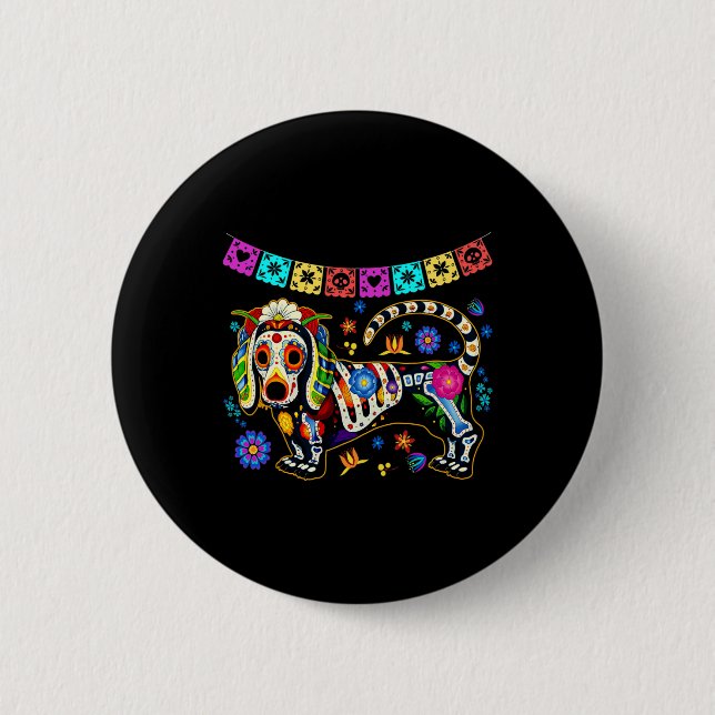 Bóton Redondo 5.08cm Crânio de Açúcar Mexicano Dachshund Bone Dia das B (Frente)
