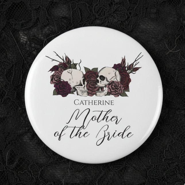 Bóton Redondo 5.08cm Crânio Gótico e Rosa para Casamento (Elegant Gothic Wedding Buttons for Mother of the Bride or Bridesmaid. Gothic Wedding Party Buttons)