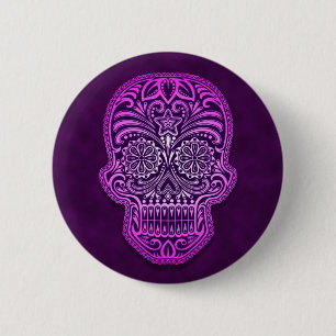 Bóton Redondo 5.08cm Crânio roxo intrincado do açúcar