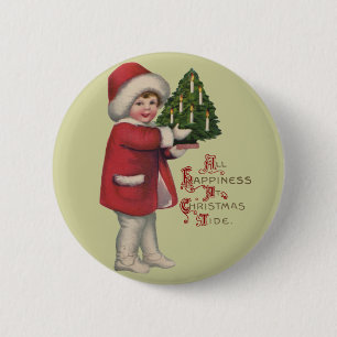 Bóton Redondo 5.08cm Criança com Árvore de Natal Ilustração Antiga Arte