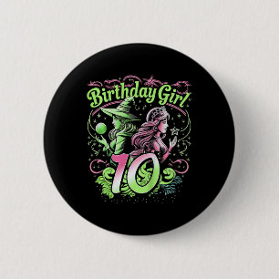 Bóton Redondo 5.08cm Crianças 10º aniversário Bruxa rosa e verde 10 ano