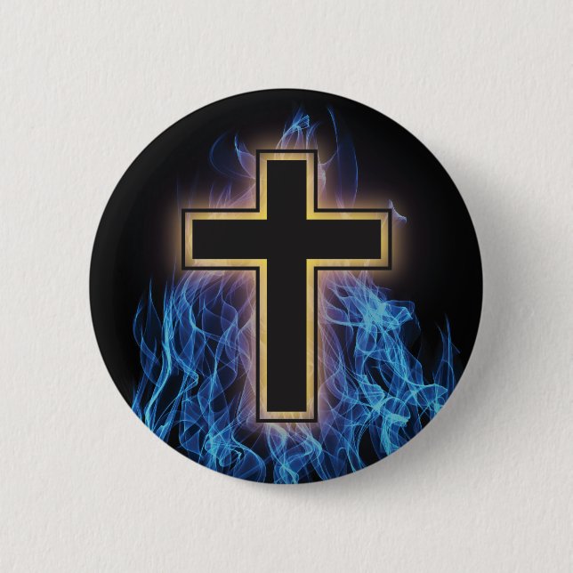 BÓTON REDONDO 5.08CM CRUZ DE FOGO AZUL SAGRADO! PODER ESPIRITUAL CRISTÃ (Frente)