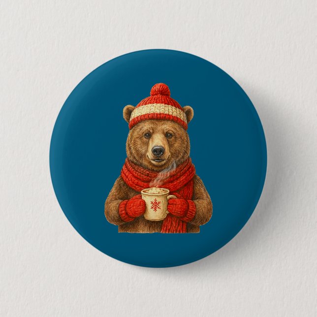 Bóton Redondo 5.08cm Cute Bear With Santa Hat Coffee Lover Funny Winter (Frente)