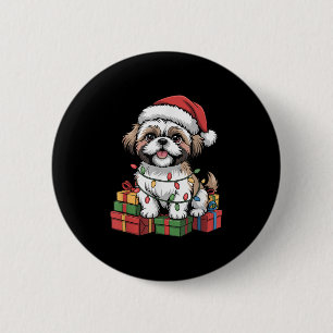 Bóton Redondo 5.08cm Cute Shih Tzu Santa Hat Café Natal