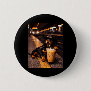 Bóton Redondo 5.08cm Dachshund Bebendo Café Gelado Meme Engraçado de An