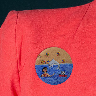 Bóton Redondo 5.08cm Dama de Arte Folclórica Gato Oceano de Praia Nadaç