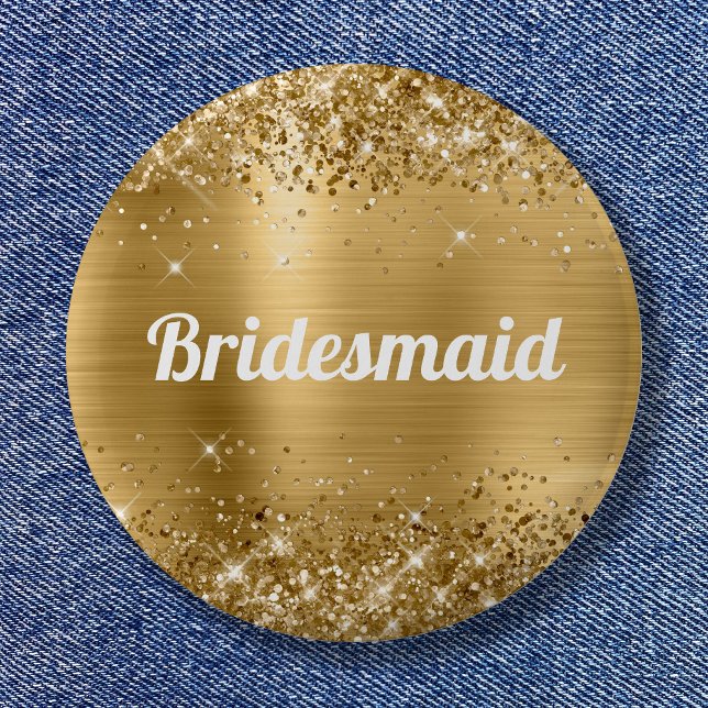 Bóton Redondo 5.08cm Dama de Honra Glittery Dourado (Glittery Gold Foil Bridesmaid Button)