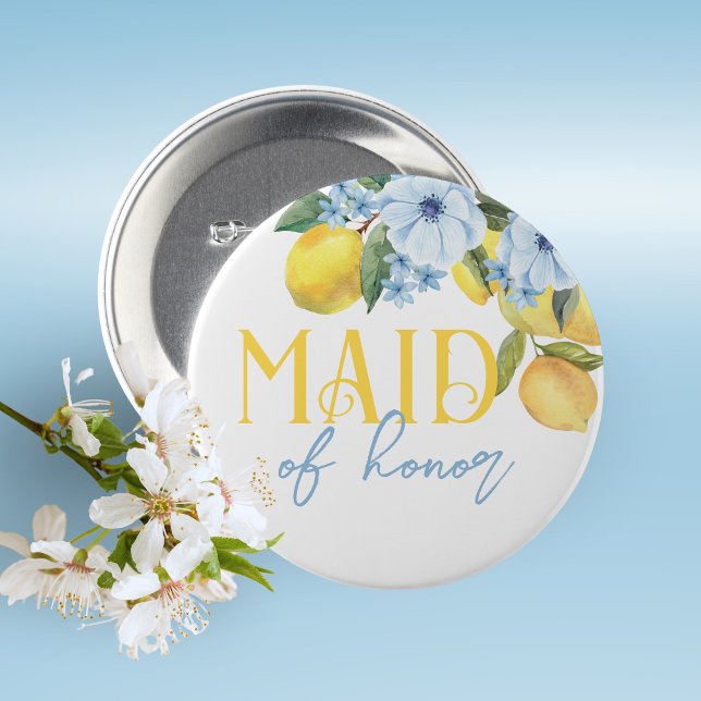 Bóton Redondo 5.08cm Dama de Honra Lembrança de Noiva em Limão com Botã (Lemon Bridal Shower Pin on Buttons for Your Special Guests of Honor Such as Grandma's, Mom's & More)
