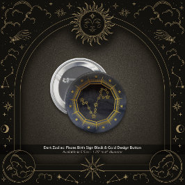 Bóton Redondo 5.08cm Dark Zodiac: Pisces Birth Sign Black & Gold Design