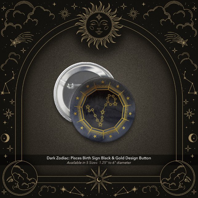 Bóton Redondo 5.08cm Dark Zodiac: Pisces Birth Sign Black & Gold Design (Dark Zodiac: Pisces Birth Sign Pin with Black & Gold Design.)