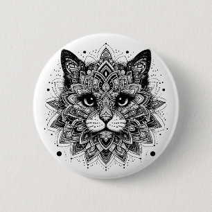 Bóton Redondo 5.08cm Desenho de Gato com Padrão Mandala