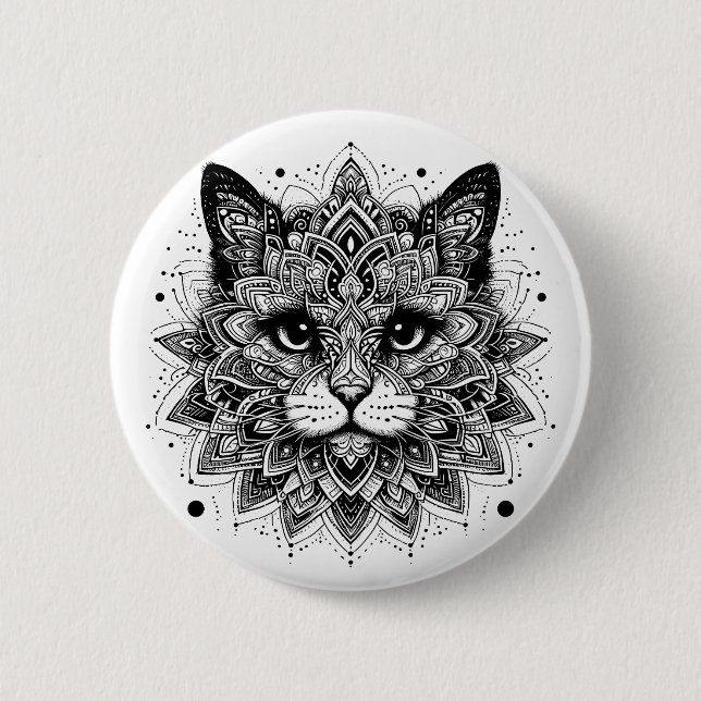 Bóton Redondo 5.08cm Desenho de Gato com Padrão Mandala (Frente)