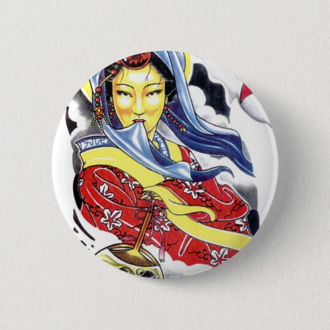 Bóton Redondo 5.08cm desenho de tatuagem de gueixa (Frente)