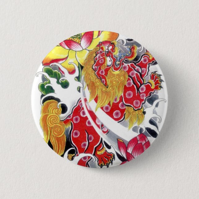 Bóton Redondo 5.08cm Desenho de Tatuagem Foo Dog & Lótus (Frente)