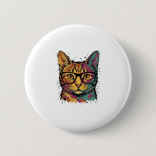 Bóton Redondo 5.08cm Desenho Vetorial de Gato com Óculos Gravado Vintag
