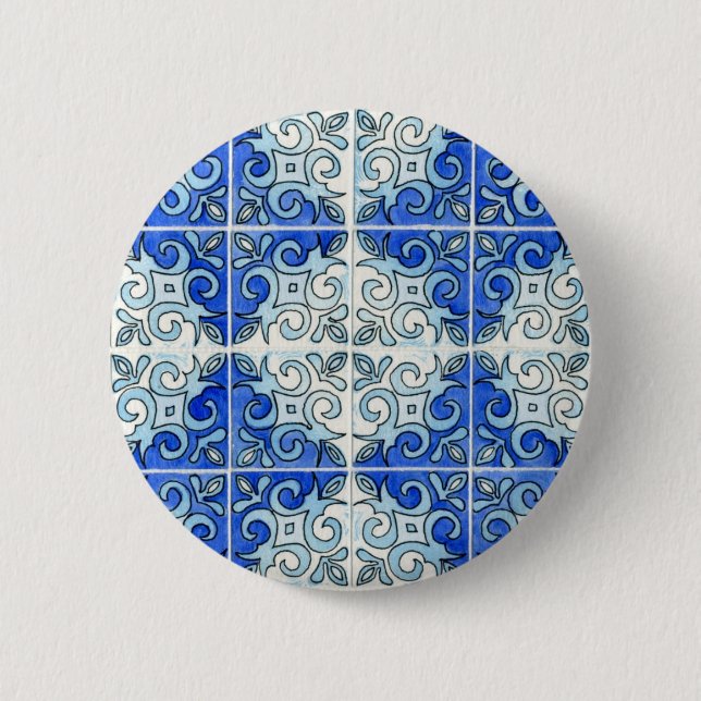 Bóton Redondo 5.08cm Design azul 2 do azulejo - redemoinhos (Frente)