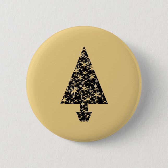 Bóton Redondo 5.08cm Design de Árvore de Natal Preta e Dourada. (Frente)
