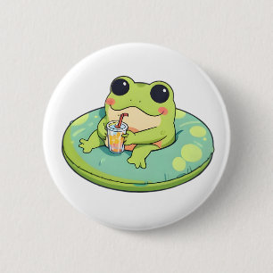 Bóton Redondo 5.08cm Design de Sapo Chibi Fofo Dia de Piscina de Verão