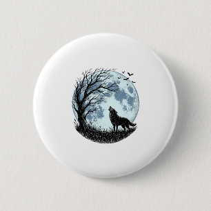 Bóton Redondo 5.08cm Design Silhueta da Árvore da Lua Uivando Lobo Vint