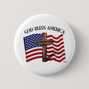 Bóton Redondo 5.08cm DEUS ABENÇOE AMÉRICA com cruz áspera & bandeira