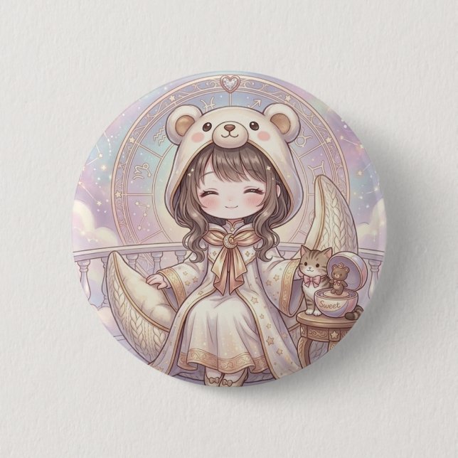 Bóton Redondo 5.08cm Devaneio Sonhador: Garota Kawaii com Capuz de Urso (Frente)