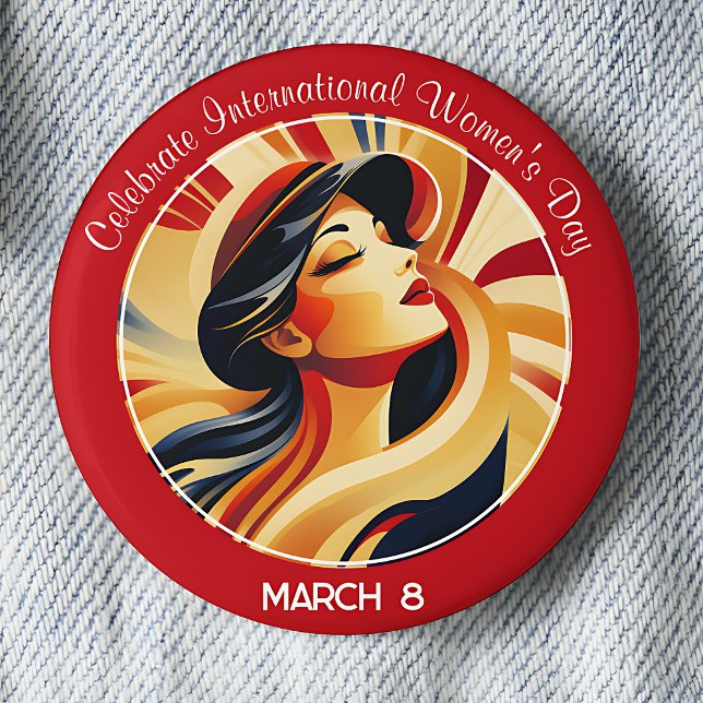 Bóton Redondo 5.08cm Dia Internacional da Mulher: Retro Vermelho Celebr (Red Retro Celebrate International Women's Day March 8 pinback button.)