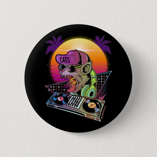 Bóton Redondo 5.08cm Disco Cat DJ Vaporwave 80s 90s Techno Music Lover (Frente)