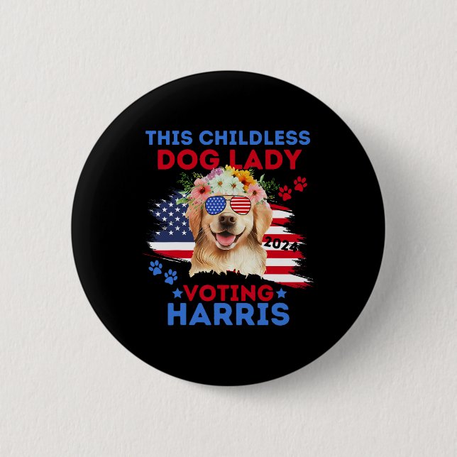 Bóton Redondo 5.08cm Dog Lady Vote Kamala Harris 2024 Retriever Ouro (Frente)
