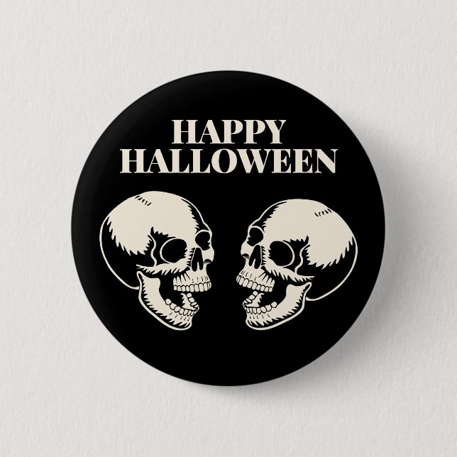 Bóton Redondo 5.08cm Dois Crânios Rindo Feliz Halloween (Frente)