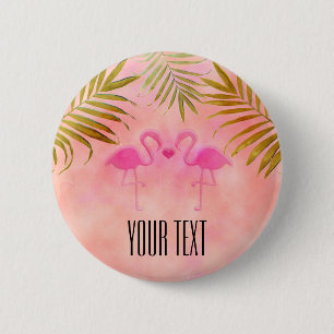 Bóton Redondo 5.08cm Dois Flamingos Rosa Aquarela Botão de Pino Tropica